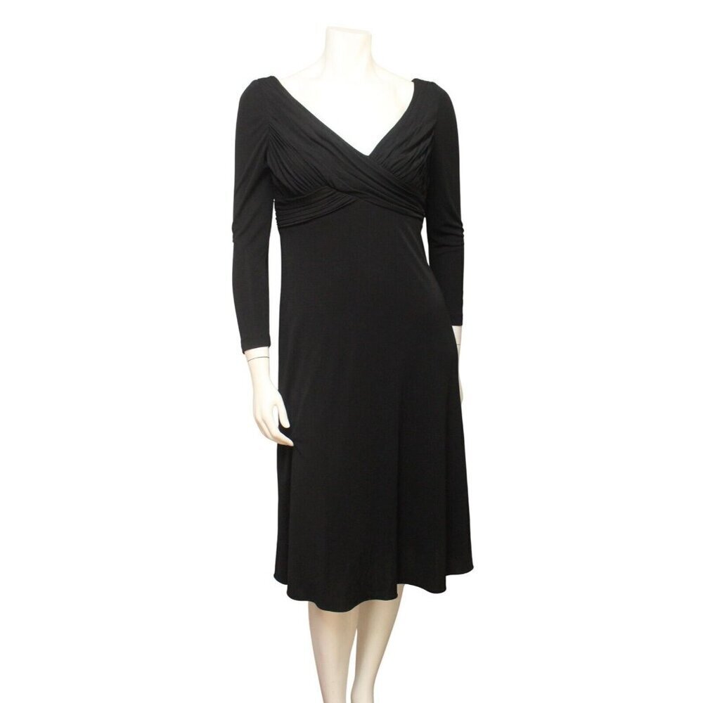 Anne Klein Black Matte Jersey Ruching Bodice V-Neck Sheath Dress Size 12